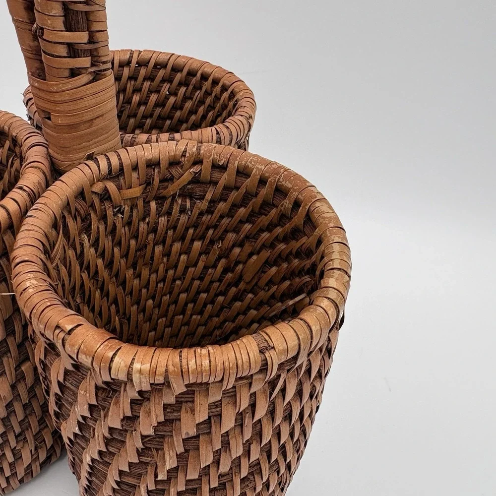 Vintage Rattan Three Bottle Wine Holder Utensil Caddy‎